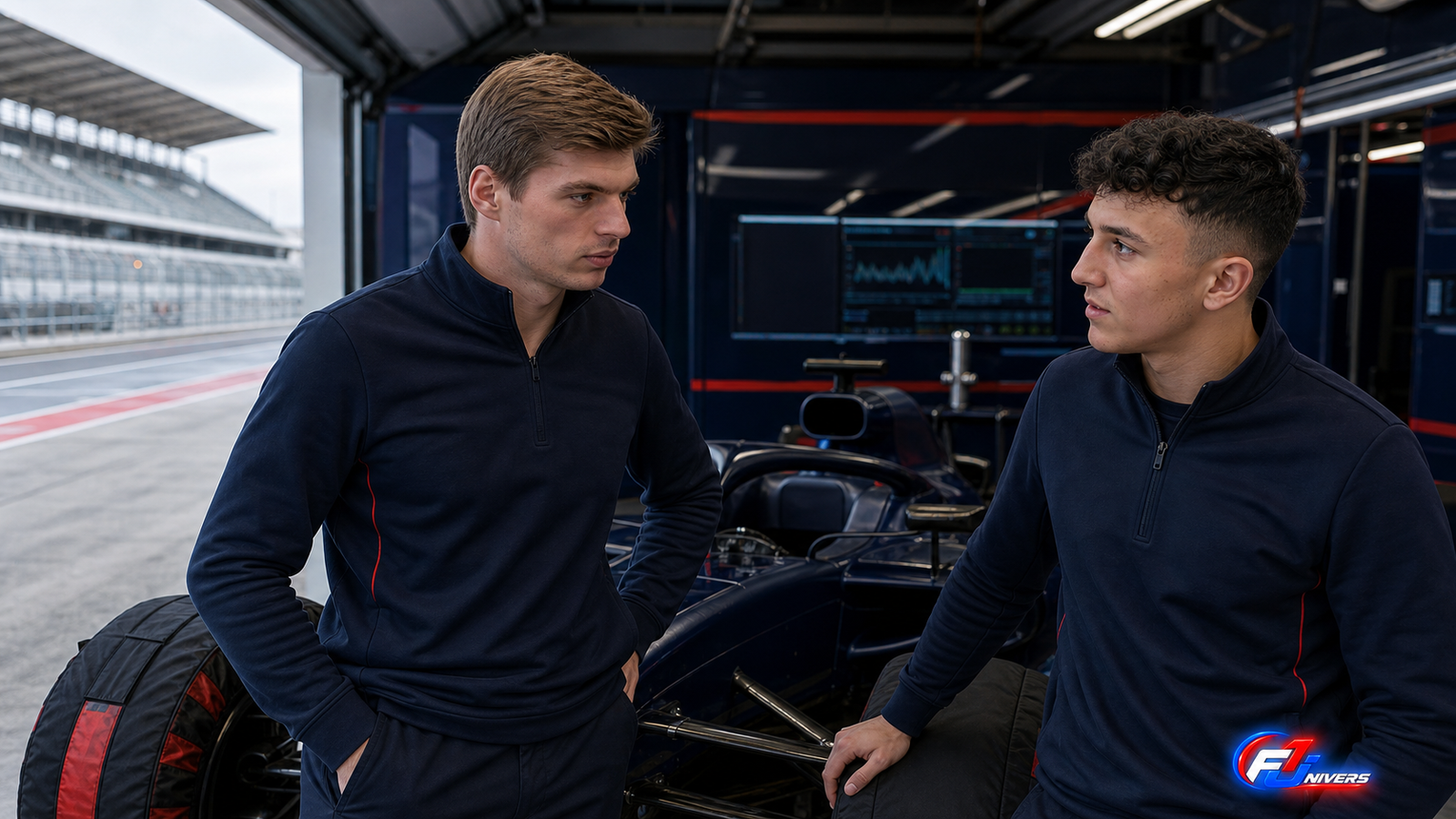 Visuel éditorial généré par IA montrant Max Verstappen et Isack Hadjar dans un garage Red Bull ouvert sur la voie des stands