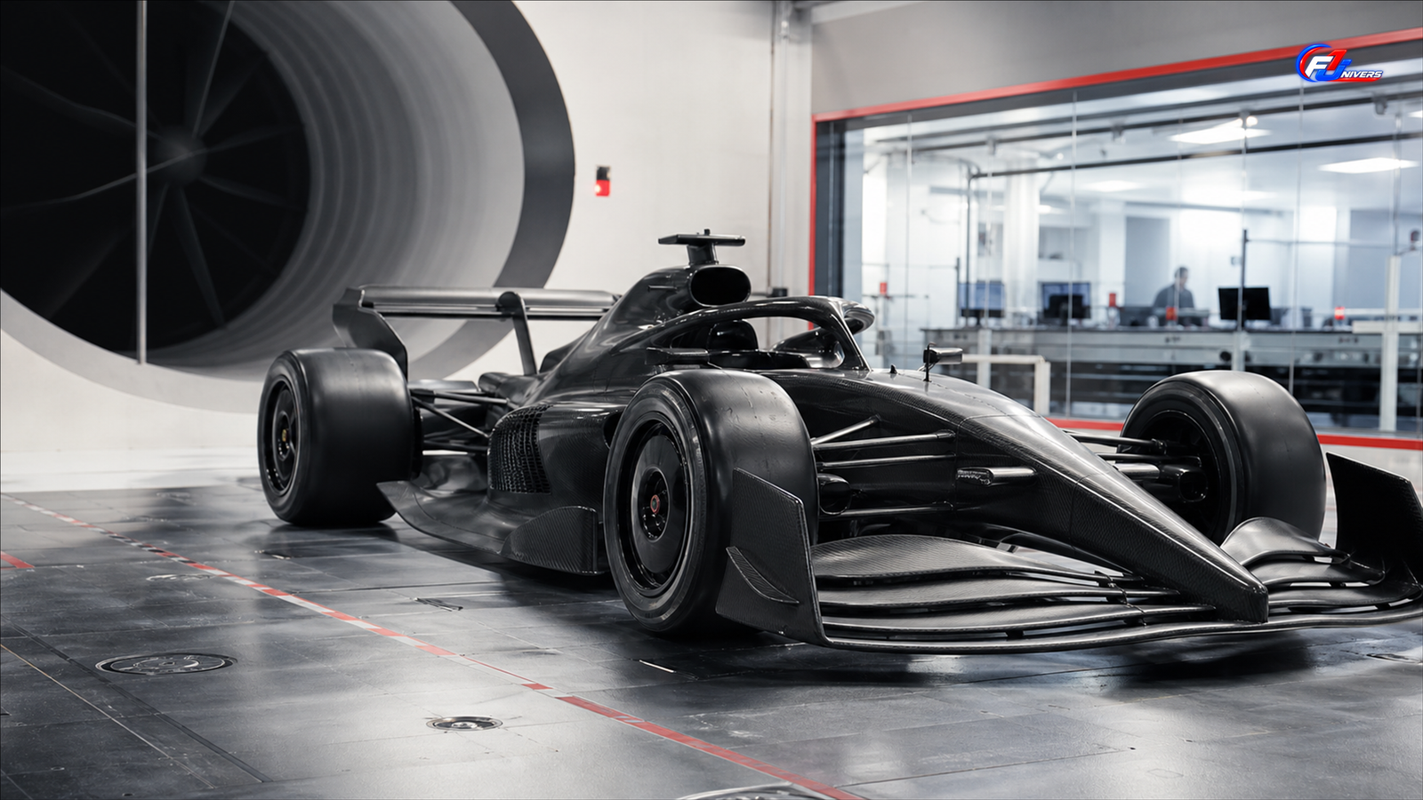 Visuel éditorial généré par IA d’une monoplace de Formule 1 allégée dans une soufflerie technique
