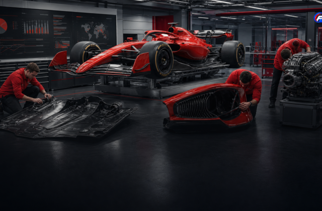 Visuel éditorial généré par IA : monoplace rouge et pièces techniques dans un atelier de Formule 1.
