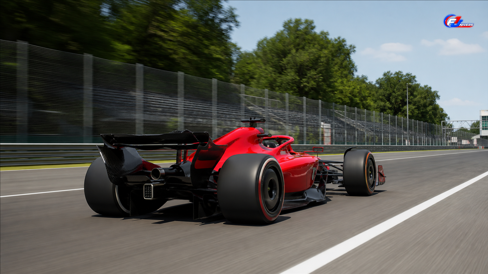 Monoplace rouge fictive à haute vitesse illustrant le nouveau moteur Ferrari à Monza — visuel éditorial généré par IA pour F1 Univers.