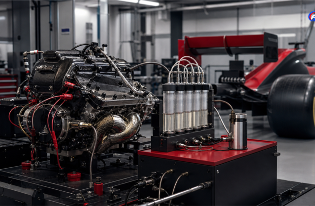 Visuel éditorial généré par IA d’un moteur de Formule 1 et d’un banc d’analyse du carburant