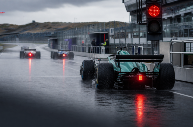 Monoplace arrêtée devant le feu rouge à Zandvoort tandis que deux voitures ont déjà quitté les stands — visuel éditorial généré par IA pour F1 Univers