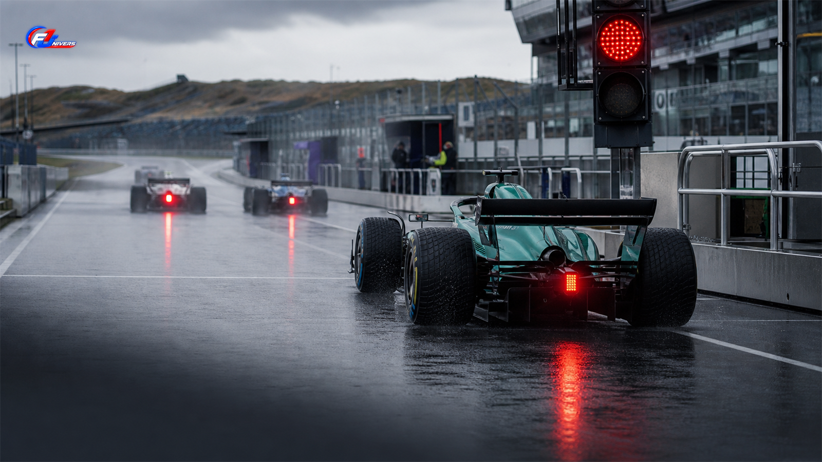 Monoplace arrêtée devant le feu rouge à Zandvoort tandis que deux voitures ont déjà quitté les stands — visuel éditorial généré par IA pour F1 Univers