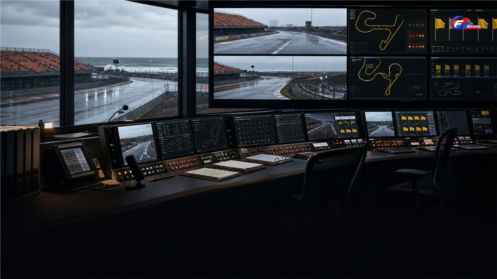 Salle de contrôle de course sous la pluie à Zandvoort illustrant le travail des commissaires FIA