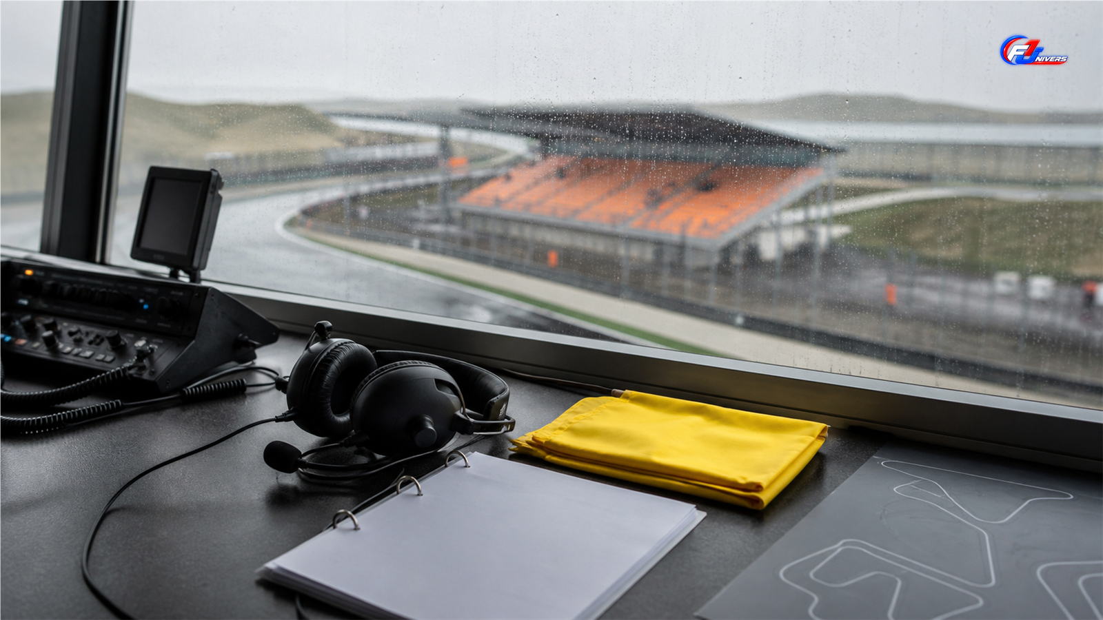Casque radio et drapeaux jaunes dans une salle de contrôle donnant sur le circuit de Zandvoort sous la pluie