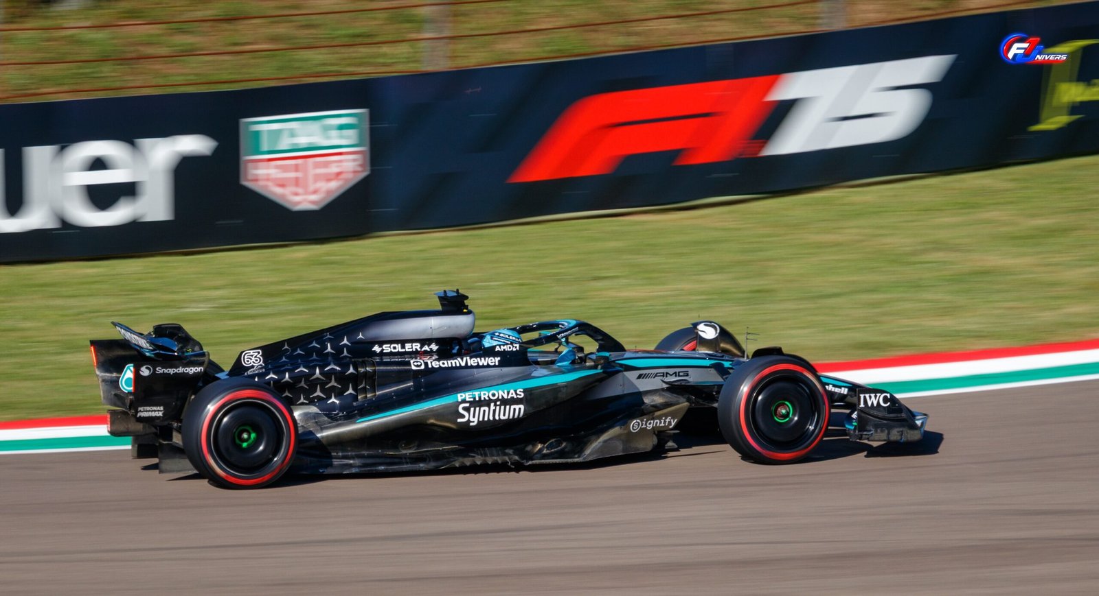 George Russell au volant de la Mercedes lors du Grand Prix d’Émilie-Romagne 2025