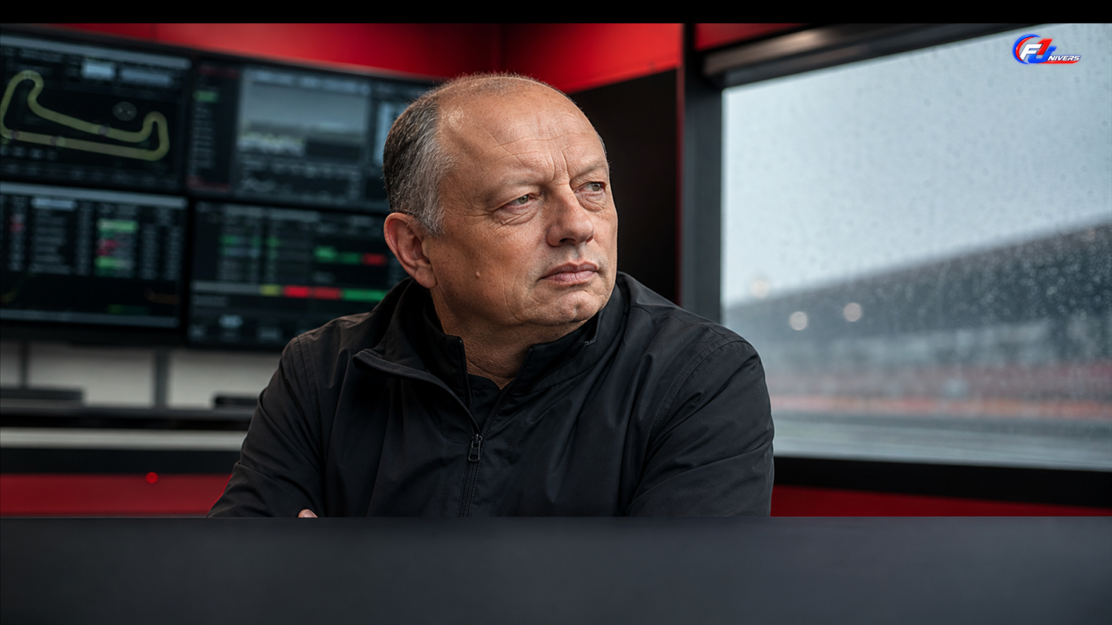 Visuel éditorial généré par IA de Frédéric Vasseur à un poste de stratégie Ferrari à Zandvoort