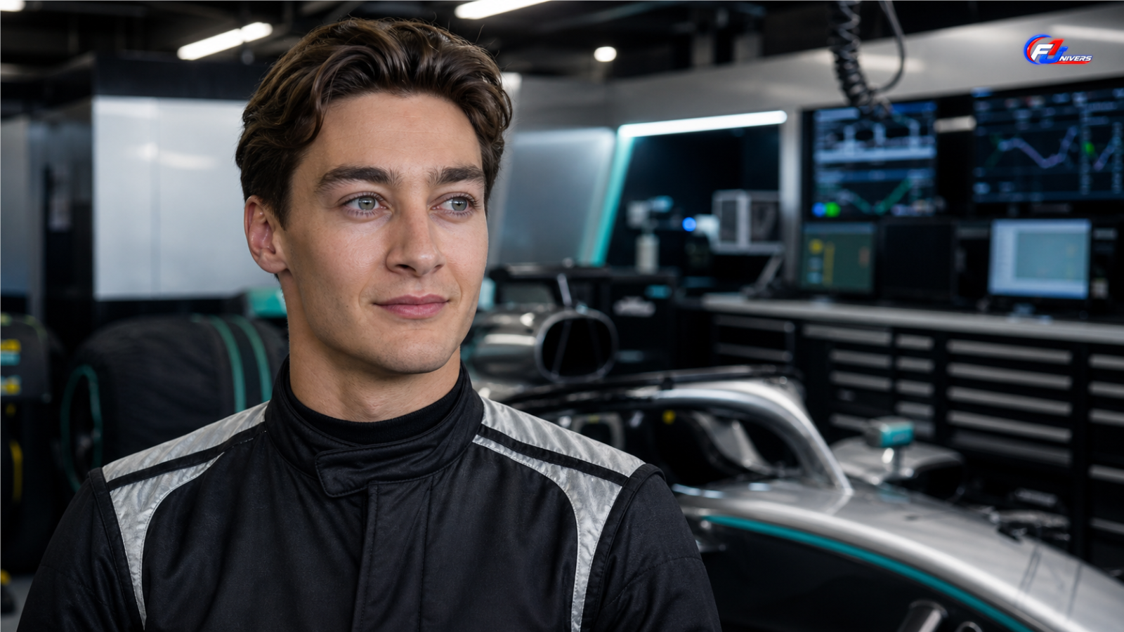 Visuel éditorial généré par IA montrant George Russell dans un garage Mercedes de Formule 1