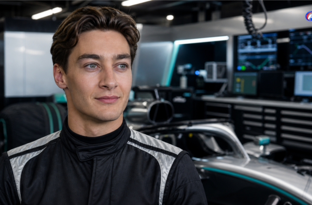 Visuel éditorial généré par IA montrant George Russell dans un garage Mercedes de Formule 1