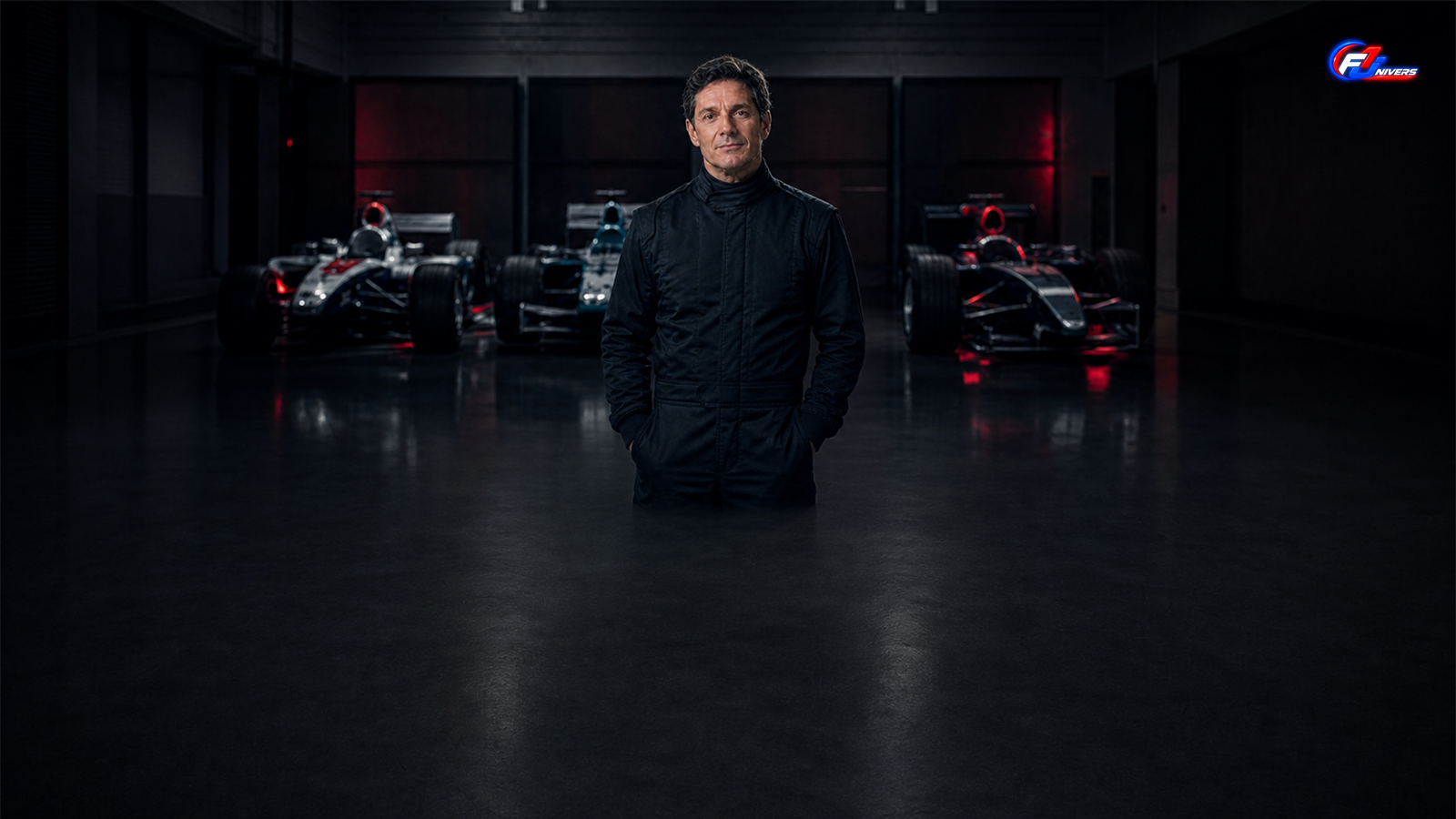 Giancarlo Fisichella dans un garage fictif devant trois monoplaces génériques — visuel éditorial généré par IA