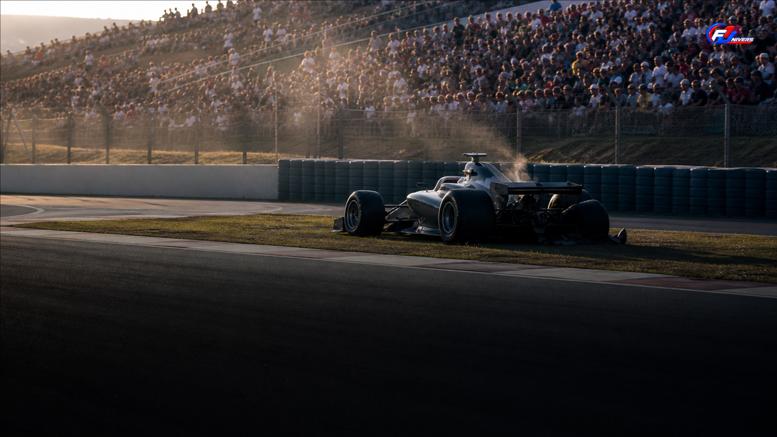 Monoplace fictive immobilisée devant des tribunes, illustration des désillusions en Grand Prix à domicile F1 — visuel éditorial généré par IA pour F1 Univers.
