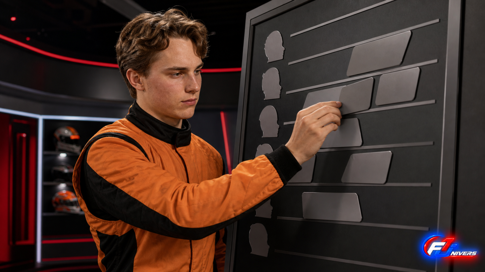 Visuel éditorial généré par IA montrant Oscar Piastri devant un tableau magnétique inspiré du puzzle de Grill the Grid 2026