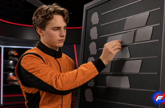 Visuel éditorial généré par IA montrant Oscar Piastri devant un tableau magnétique inspiré du puzzle de Grill the Grid 2026