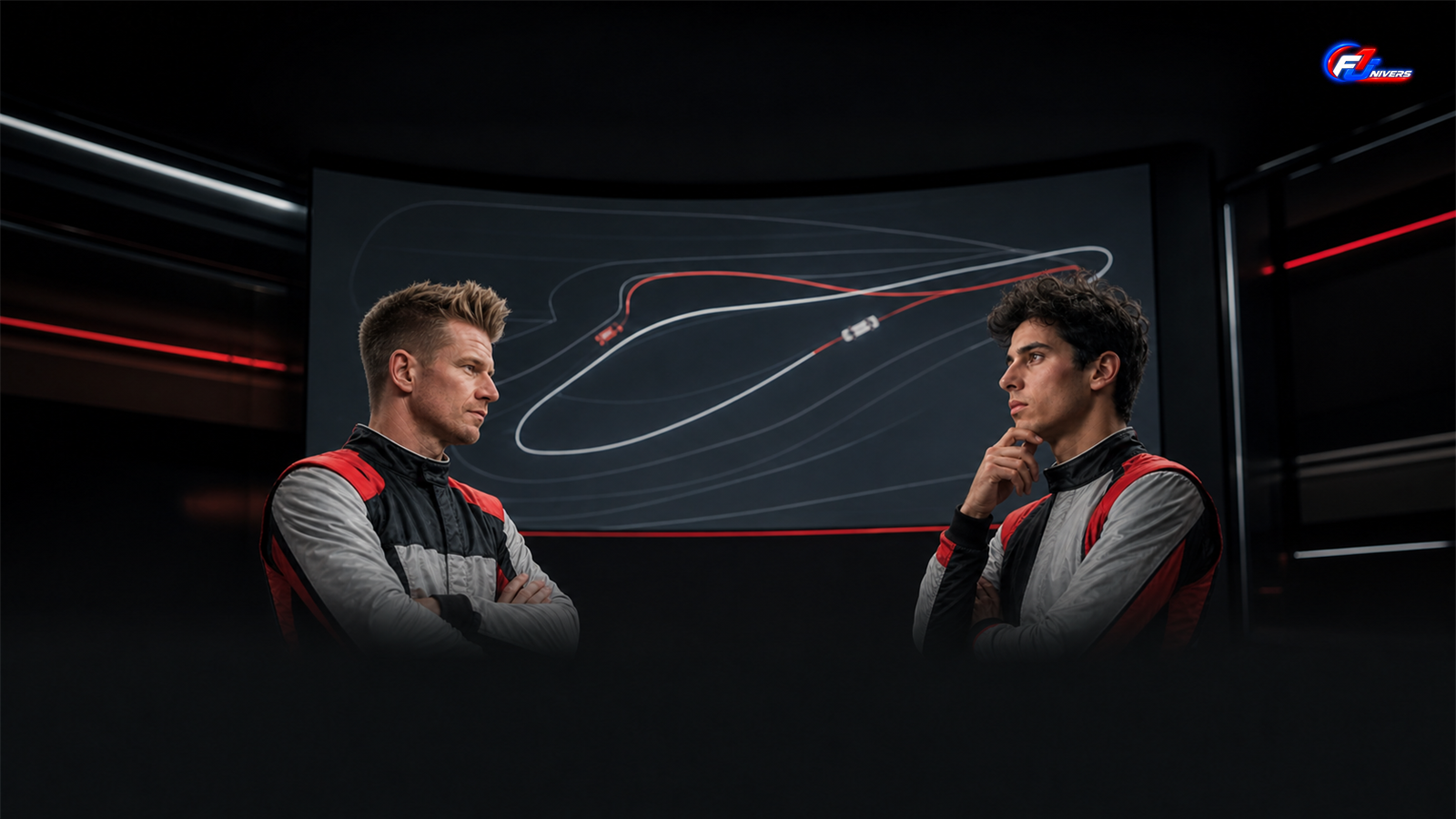 Nico Hülkenberg et Gabriel Bortoleto lors d’un débriefing fictif après leur quasi-accrochage à Zandvoort — visuel éditorial généré par IA