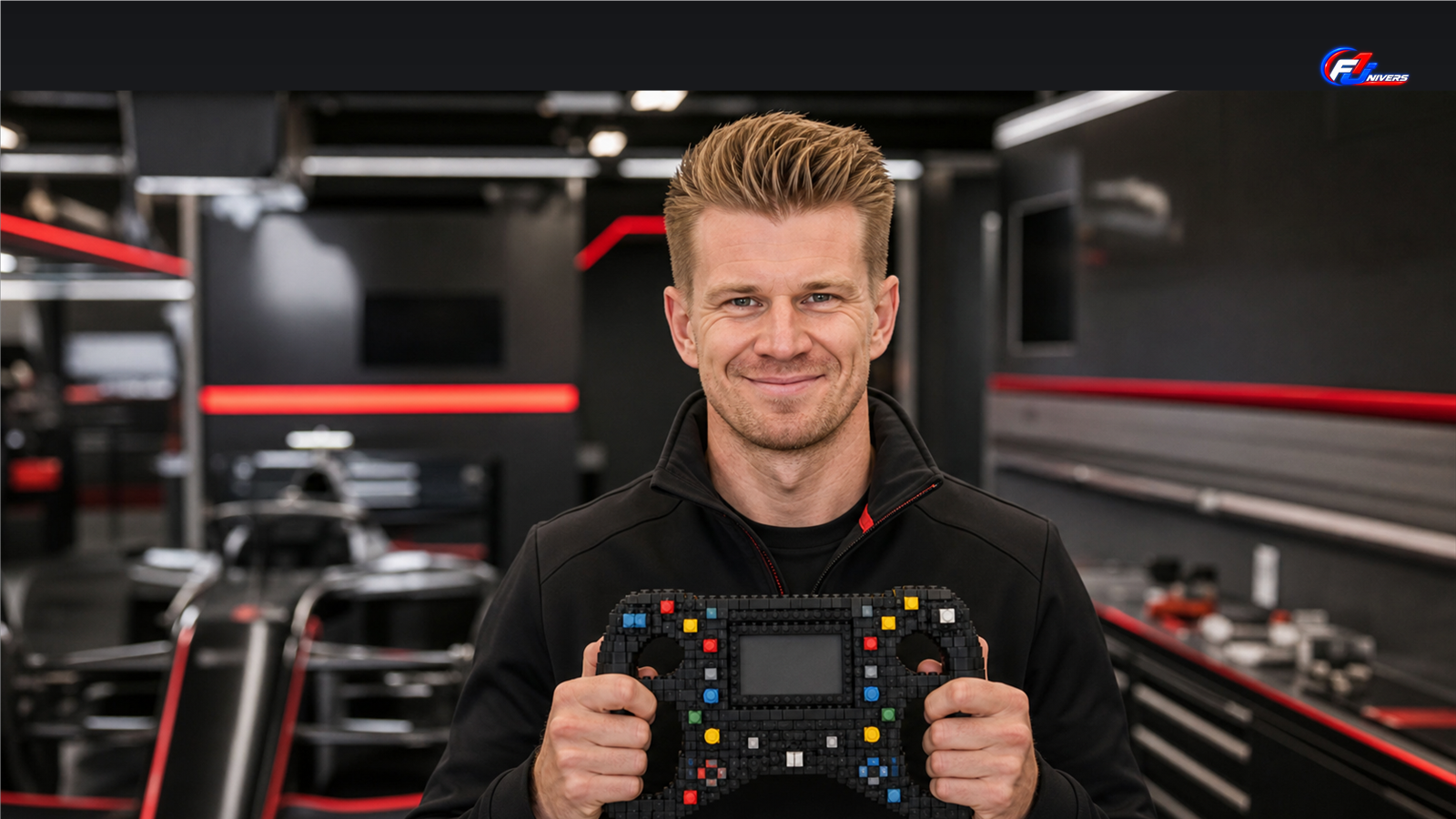 Visuel éditorial généré par IA de Nico Hülkenberg avec un volant en briques dans un atelier Audi F1