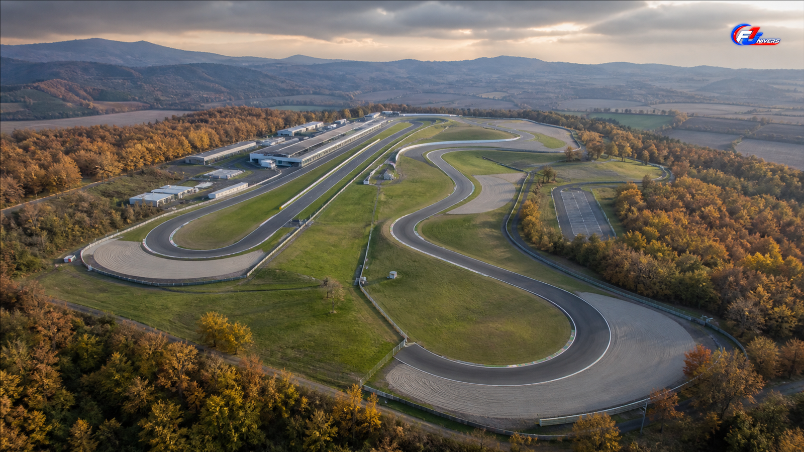 Vue aérienne d’un circuit fictif entouré de bois d’automne, pour illustrer l’option européenne étudiée en F1 2026 — visuel éditorial généré par IA pour F1 Univers.