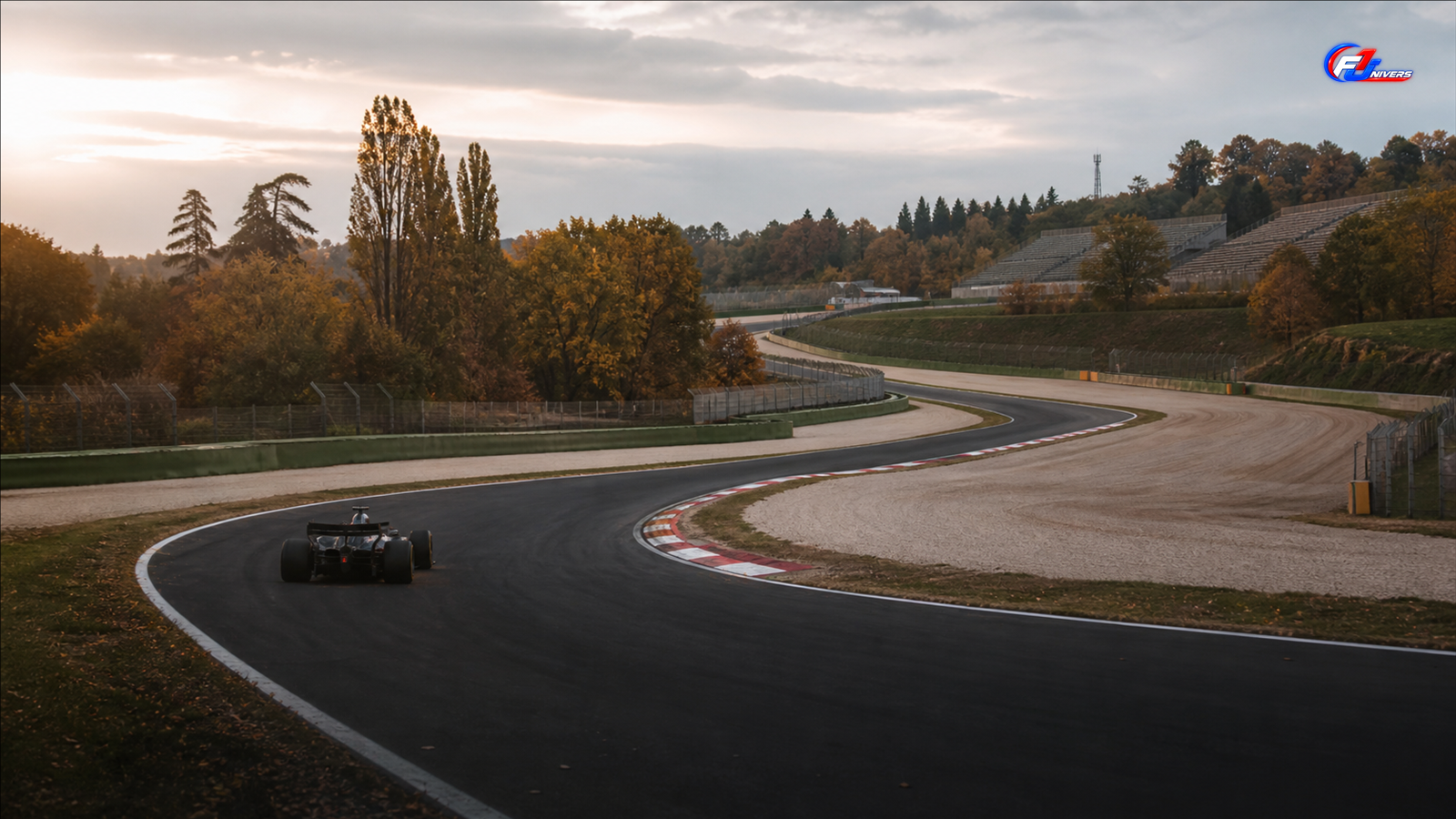 Circuit italien fictif à l’automne avec une monoplace générique, pour illustrer Imola comme option de finale F1 2026 — visuel éditorial généré par IA pour F1 Univers.