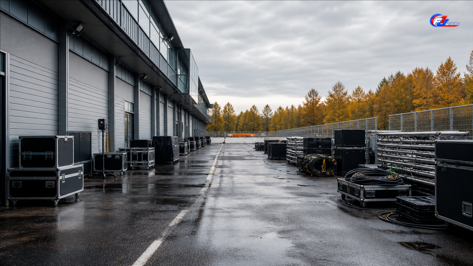 Matériel générique de paddock après la pluie, pour illustrer la logistique d’une éventuelle finale F1 2026 en Europe — visuel éditorial généré par IA pour F1 Univers.