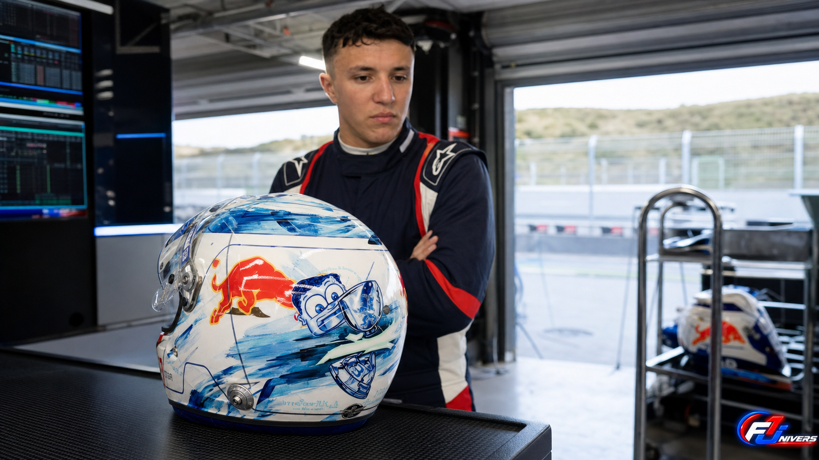 Casque spécial d’Isack Hadjar préparé dans un garage de Zandvoort