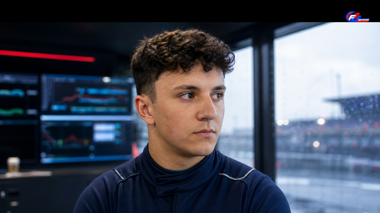 Visuel éditorial généré par IA d’Isack Hadjar dans un espace technique du paddock de Zandvoort