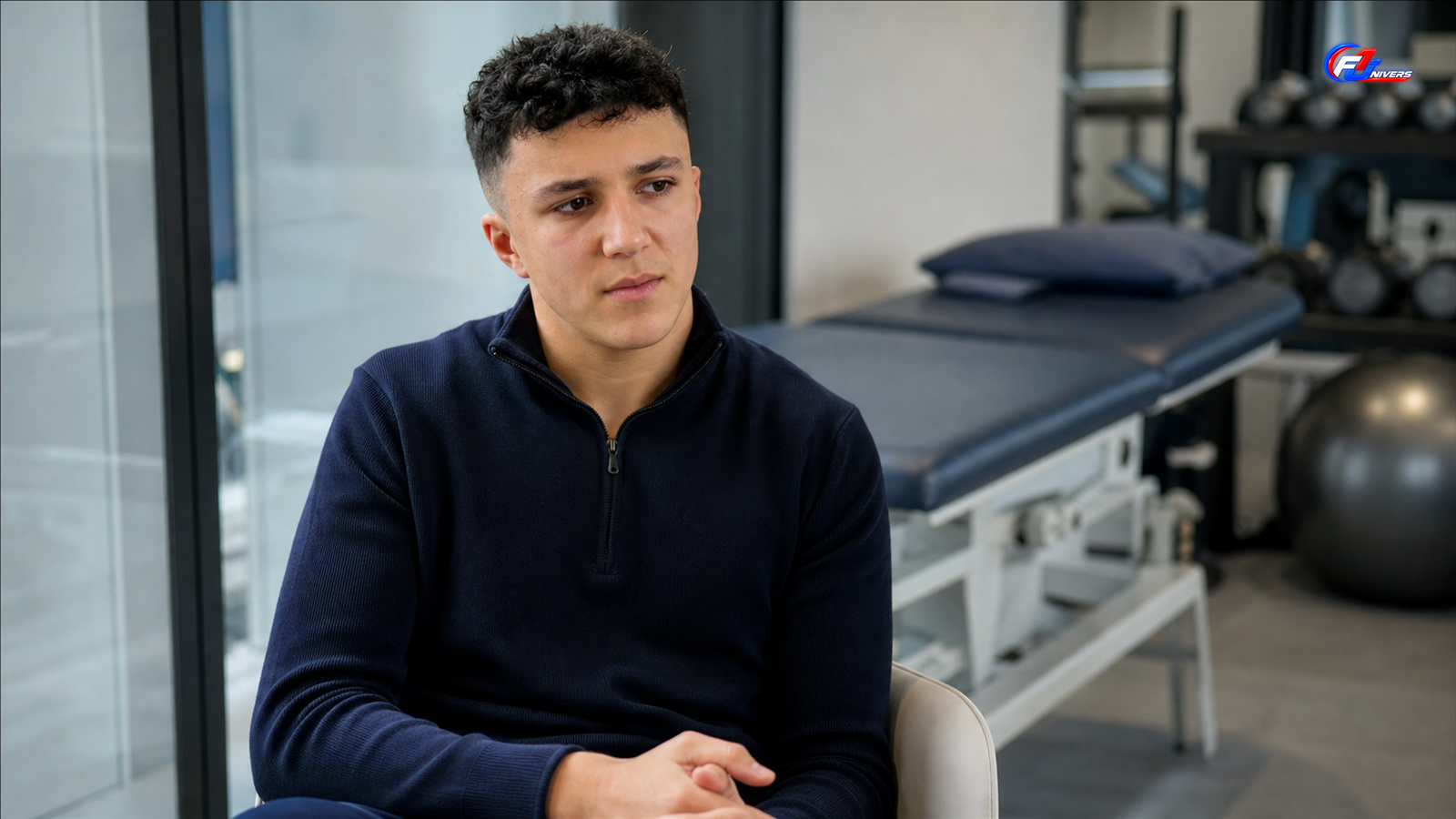 Isack Hadjar dans un espace de préparation physique fictif après son forfait à Zandvoort — visuel éditorial généré par IA pour F1 Univers.