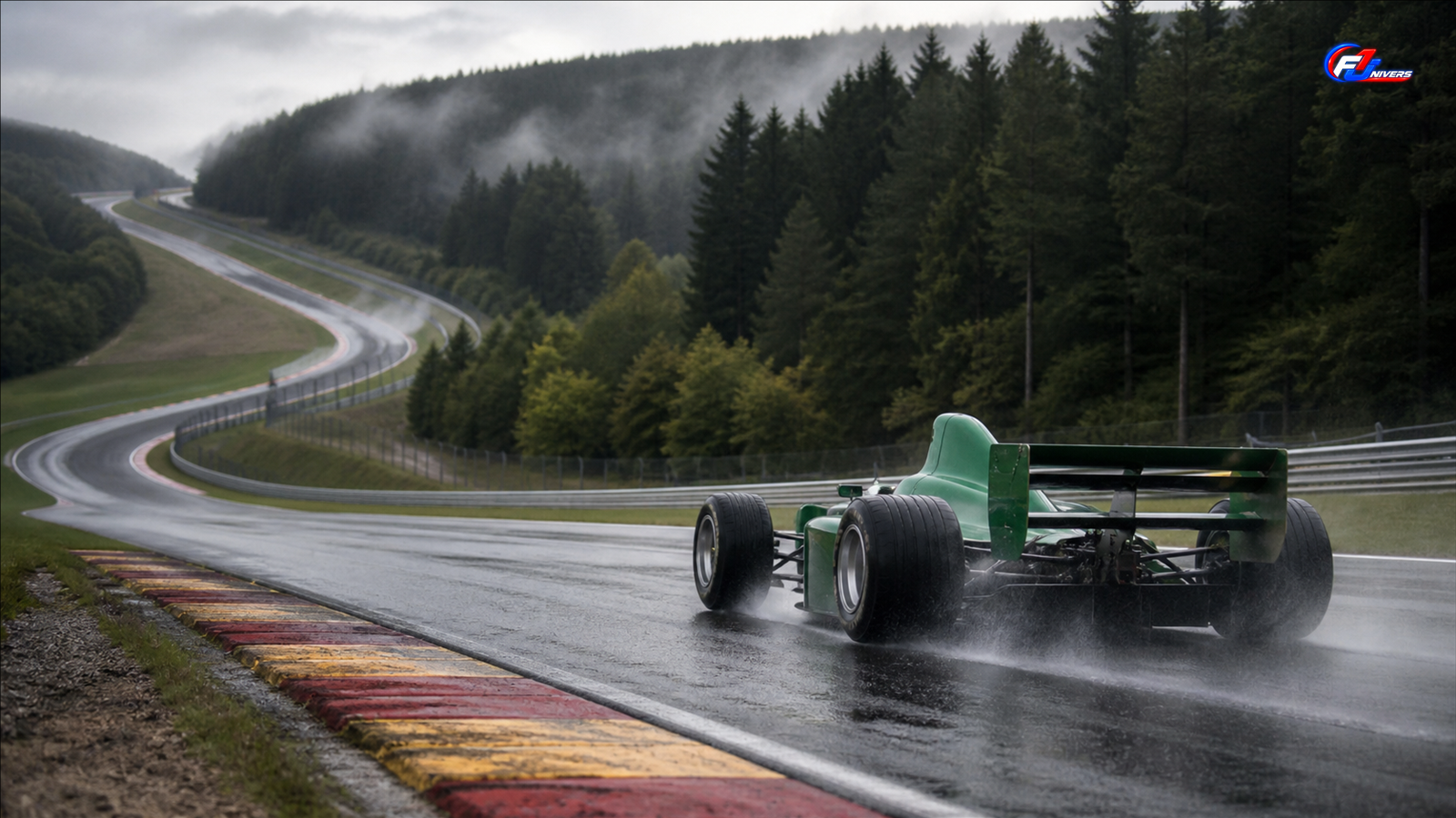 Monoplace verte inspirée du début des années 1990 à Spa-Francorchamps, évocation de l’environnement de Michael Schumacher en 1991 — visuel éditorial généré par IA pour F1 Univers.