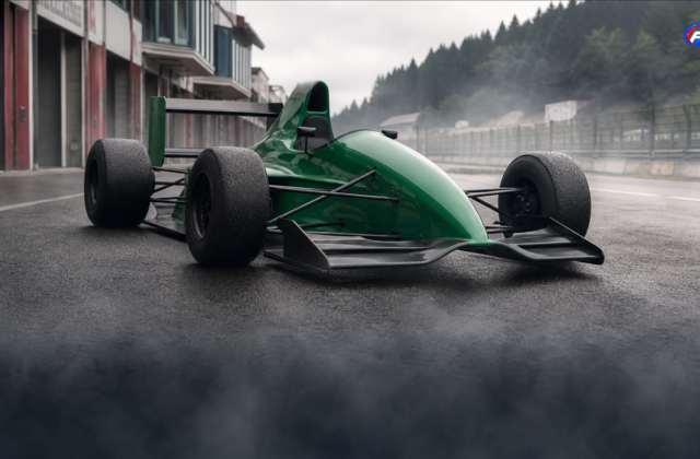 Évocation d’une Jordan 191 dans la voie des stands de Spa en 1991, liée aux débuts de Michael Schumacher en F1 — visuel éditorial généré par IA pour F1 Univers.