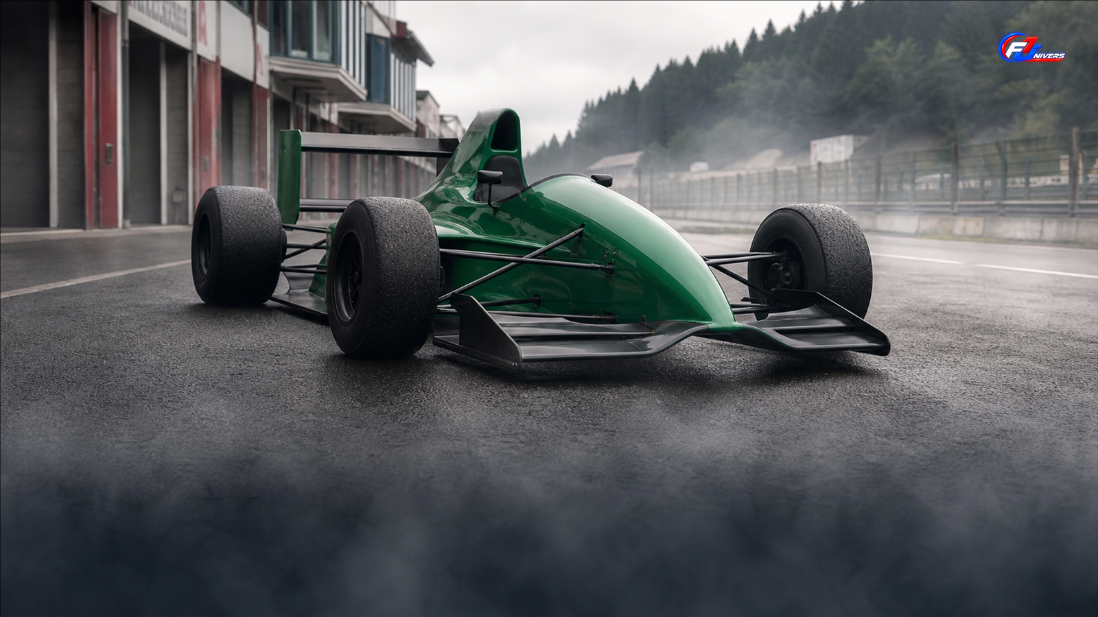 Évocation d’une Jordan 191 dans la voie des stands de Spa en 1991, liée aux débuts de Michael Schumacher en F1 — visuel éditorial généré par IA pour F1 Univers.