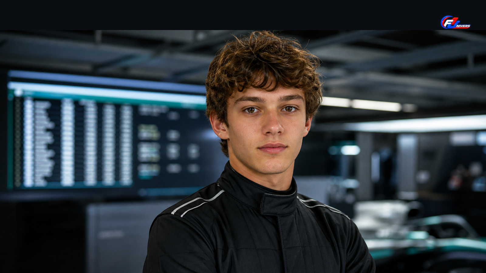 Visuel éditorial généré par IA : Kimi Antonelli dans un garage Mercedes, pour illustrer le bilan de mi-saison F1 2026.