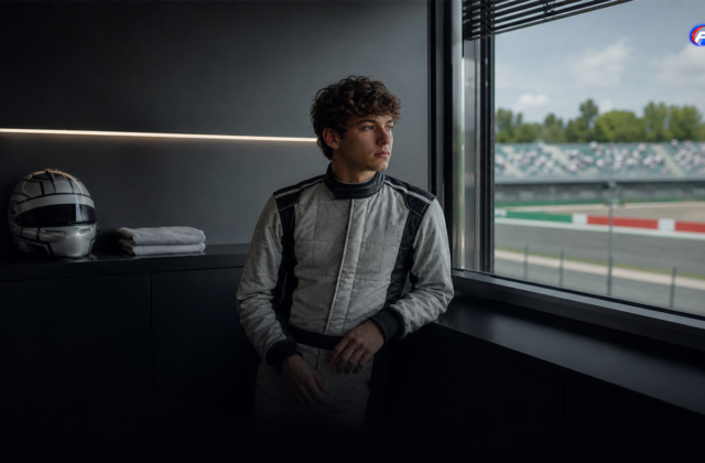 Kimi Antonelli concentré avant un Grand Prix italien fictif — visuel éditorial généré par IA pour F1 Univers