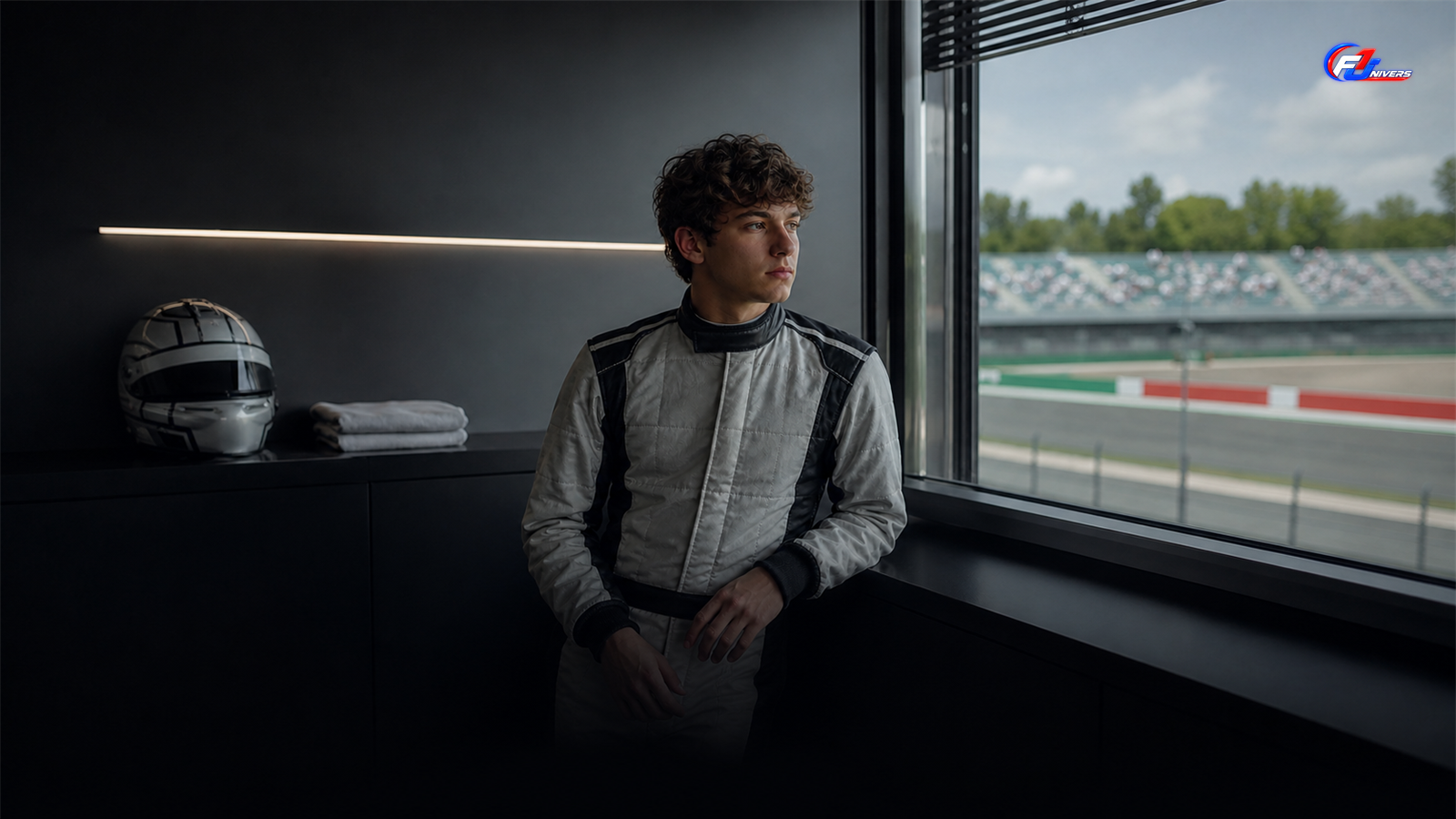 Kimi Antonelli concentré avant un Grand Prix italien fictif — visuel éditorial généré par IA pour F1 Univers