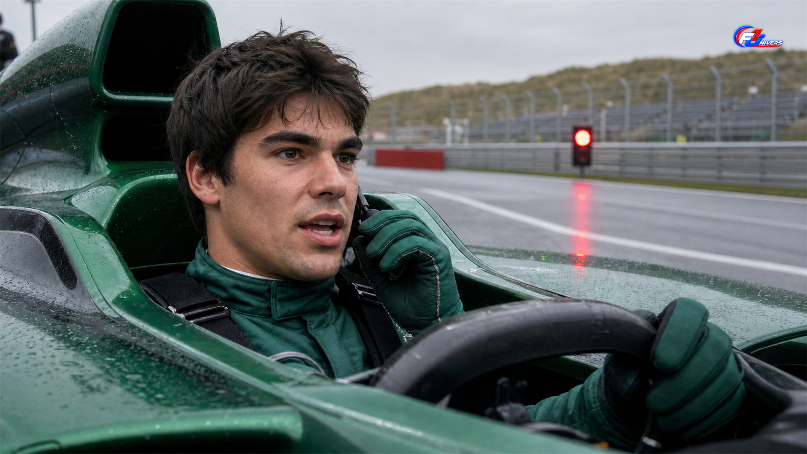 Lance Stroll à la radio devant le feu rouge de la sortie des stands — visuel éditorial généré par IA pour F1 Univers