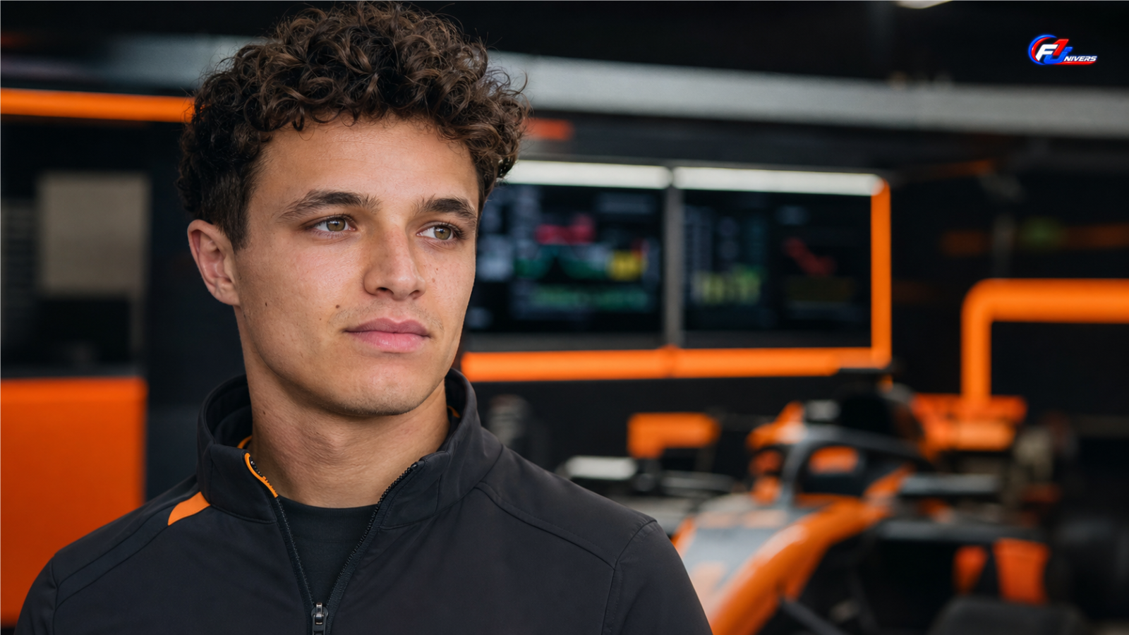 Visuel éditorial généré par IA montrant Lando Norris dans un garage de Formule 1 évoquant sa progression depuis 2025