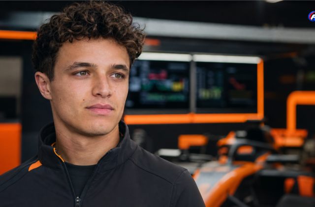 Visuel éditorial généré par IA montrant Lando Norris dans un garage de Formule 1 évoquant sa progression depuis 2025