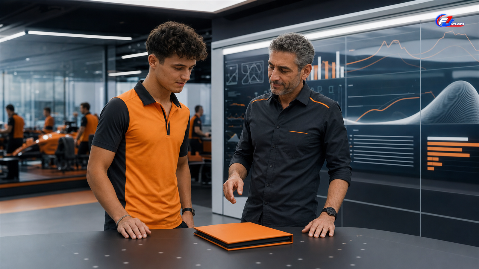 Lando Norris et Andrea Stella dans une salle technique fictive après la prolongation du pilote chez McLaren — visuel éditorial généré par IA pour F1 Univers.
