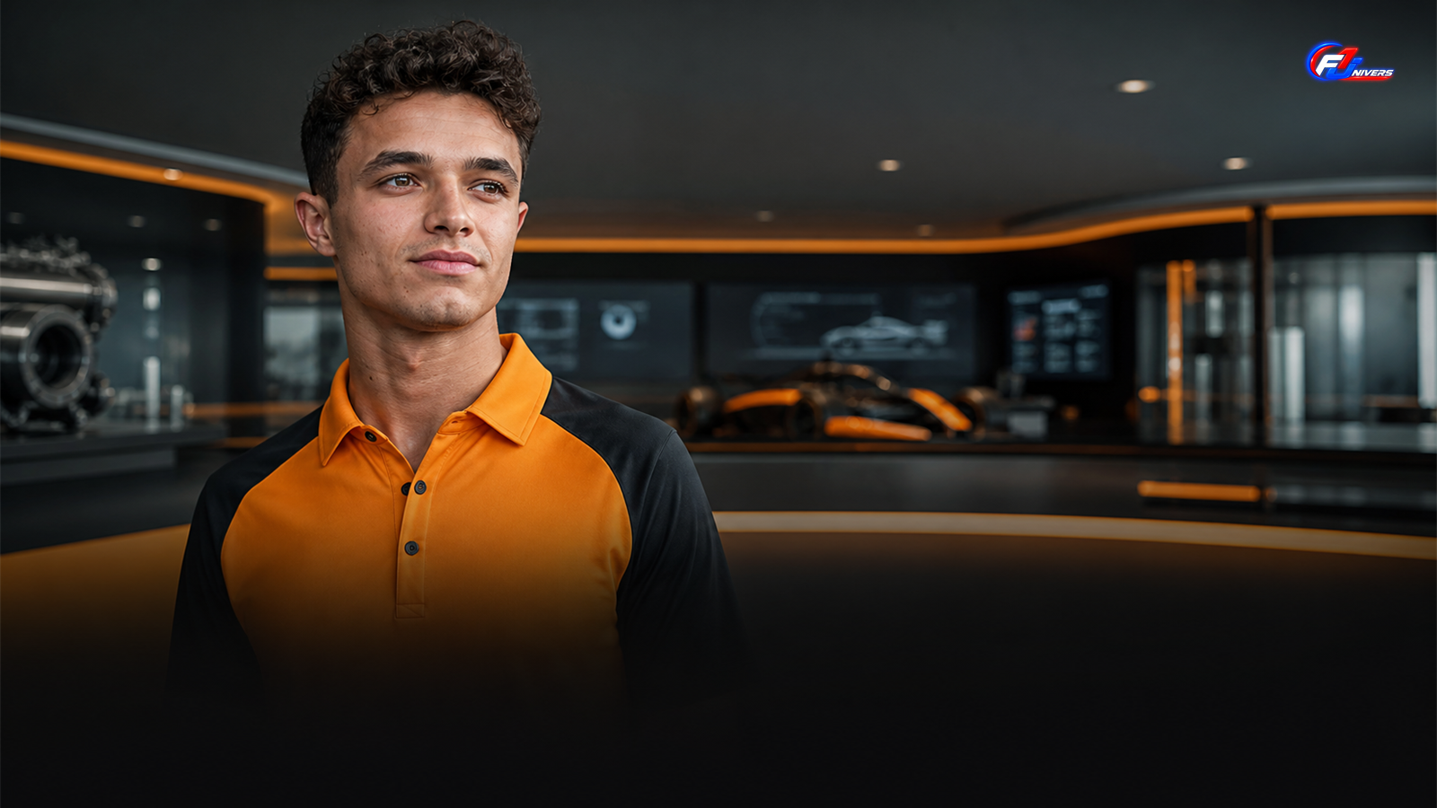 Lando Norris chez McLaren jusqu’en 2030 au centre technologique de Woking — visuel éditorial généré par IA pour F1 Univers.