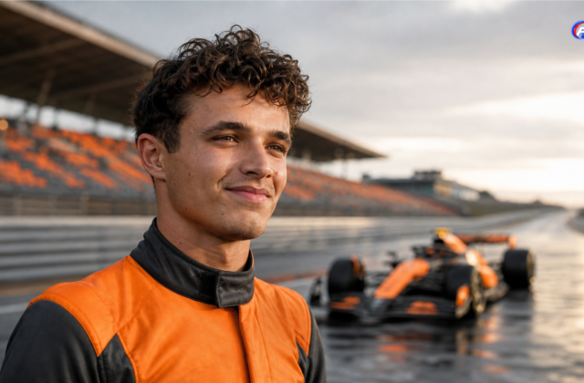 Visuel éditorial généré par IA montrant Lando Norris dans un décor de Zandvoort après une victoire