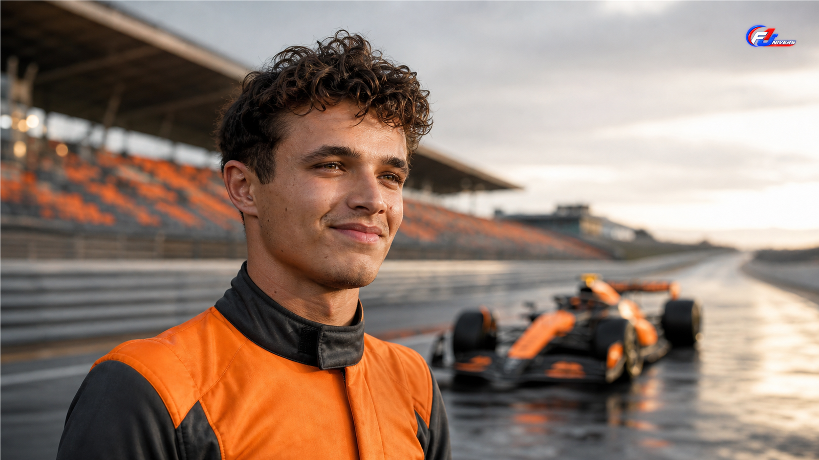 Visuel éditorial généré par IA montrant Lando Norris dans un décor de Zandvoort après une victoire
