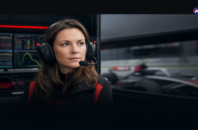 Visuel éditorial généré par IA : Laura Müller à un poste d’ingénierie de course en Formule 1.