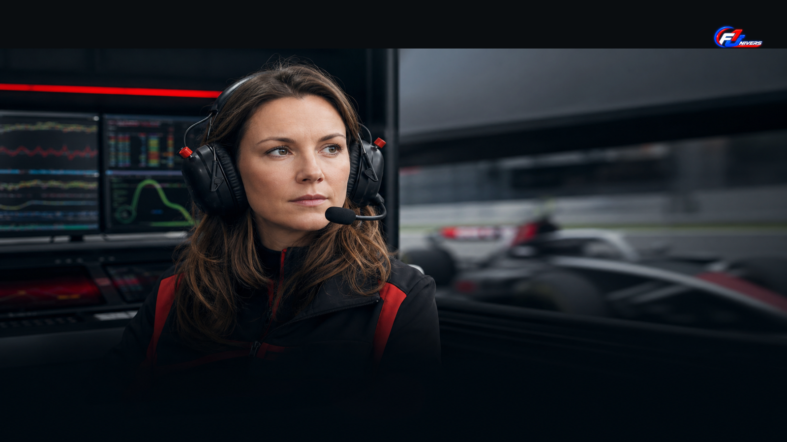 Visuel éditorial généré par IA : Laura Müller à un poste d’ingénierie de course en Formule 1.