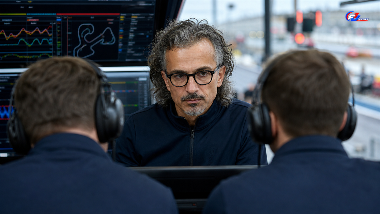 Laurent Mekies dans un débriefing fictif consacré à Liam Lawson chez Red Bull — visuel éditorial généré par IA pour F1 Univers.