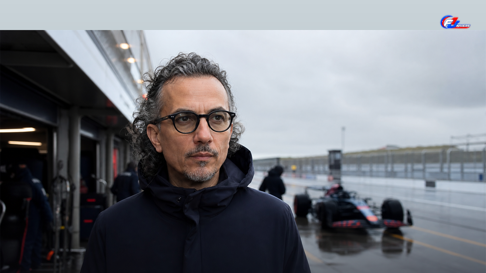 Visuel éditorial généré par IA de Laurent Mekies dans le paddock Red Bull à Zandvoort, après le Grand Prix des Pays-Bas