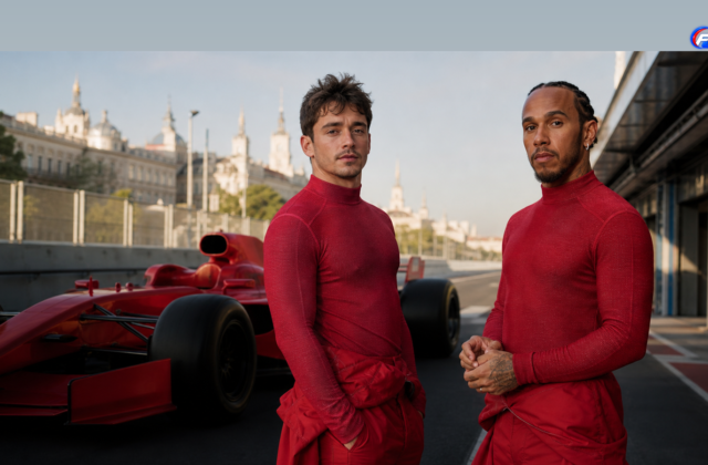 Visuel éditorial généré par IA de Charles Leclerc et Lewis Hamilton au Madring