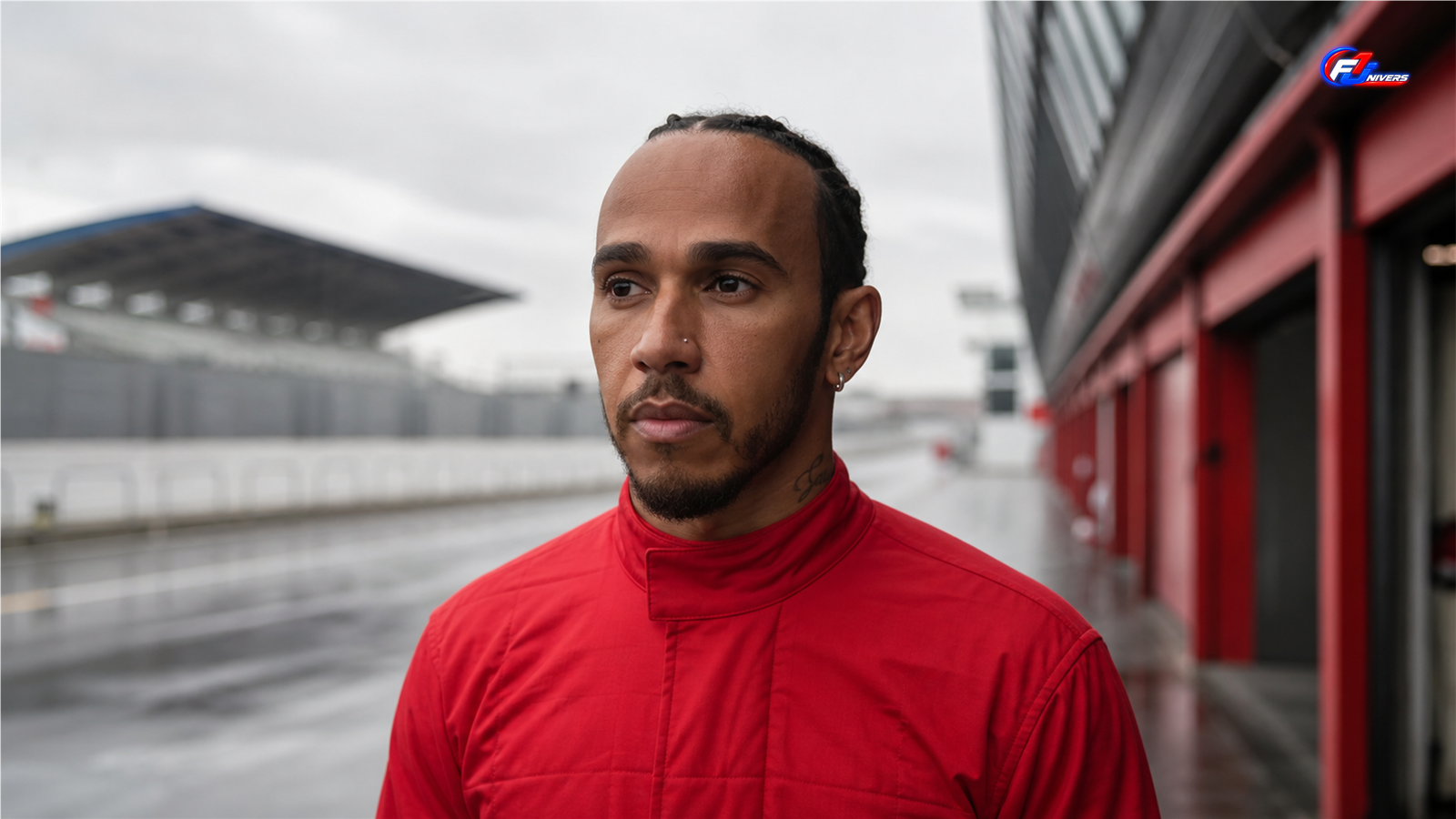 Hamilton s’excuse auprès de Ferrari : portrait de Lewis Hamilton dans le paddock de Zandvoort, visuel éditorial généré par IA