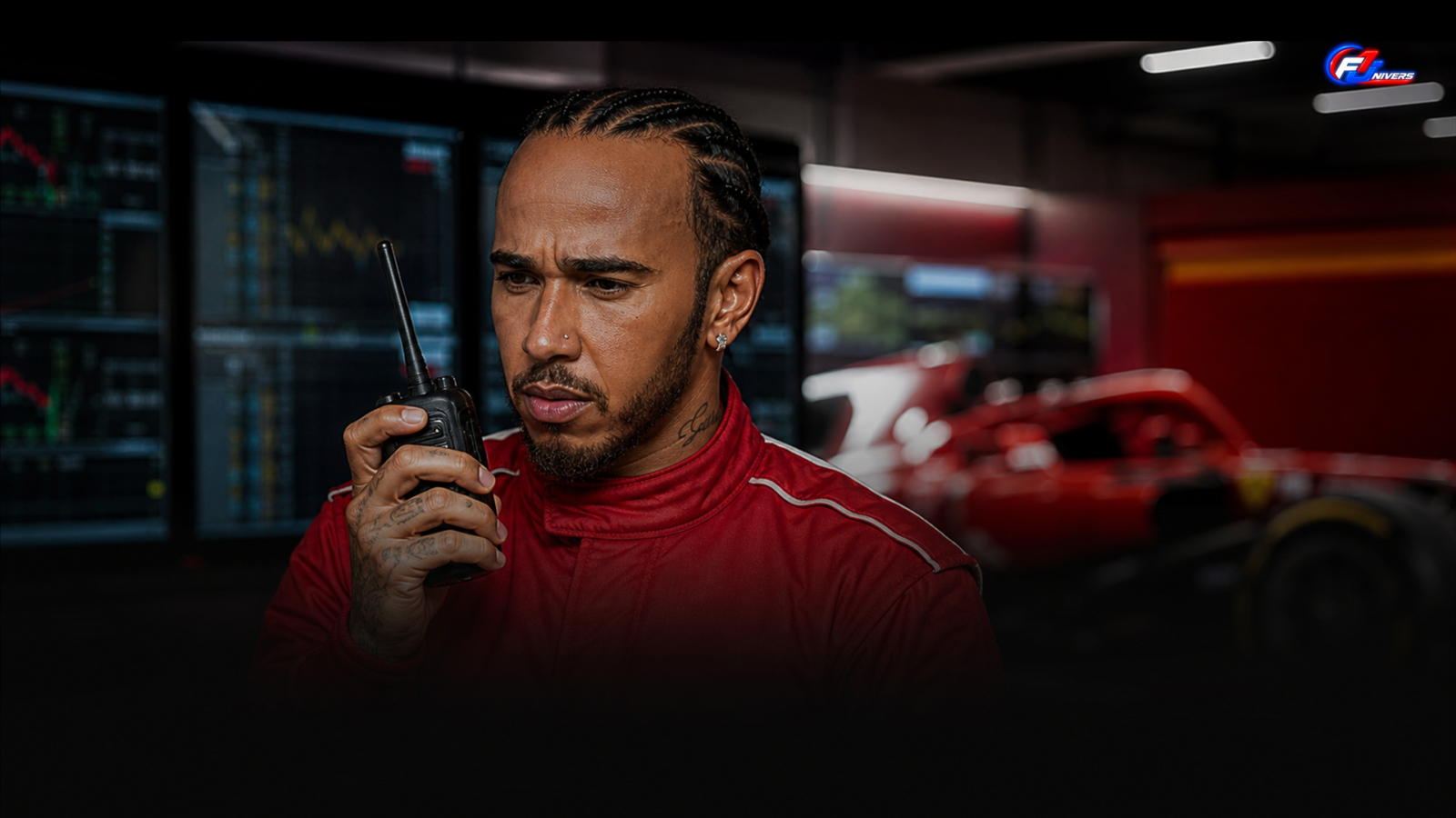 Visuel éditorial généré par IA de Lewis Hamilton dans un garage Ferrari à Zandvoort, tenant une radio