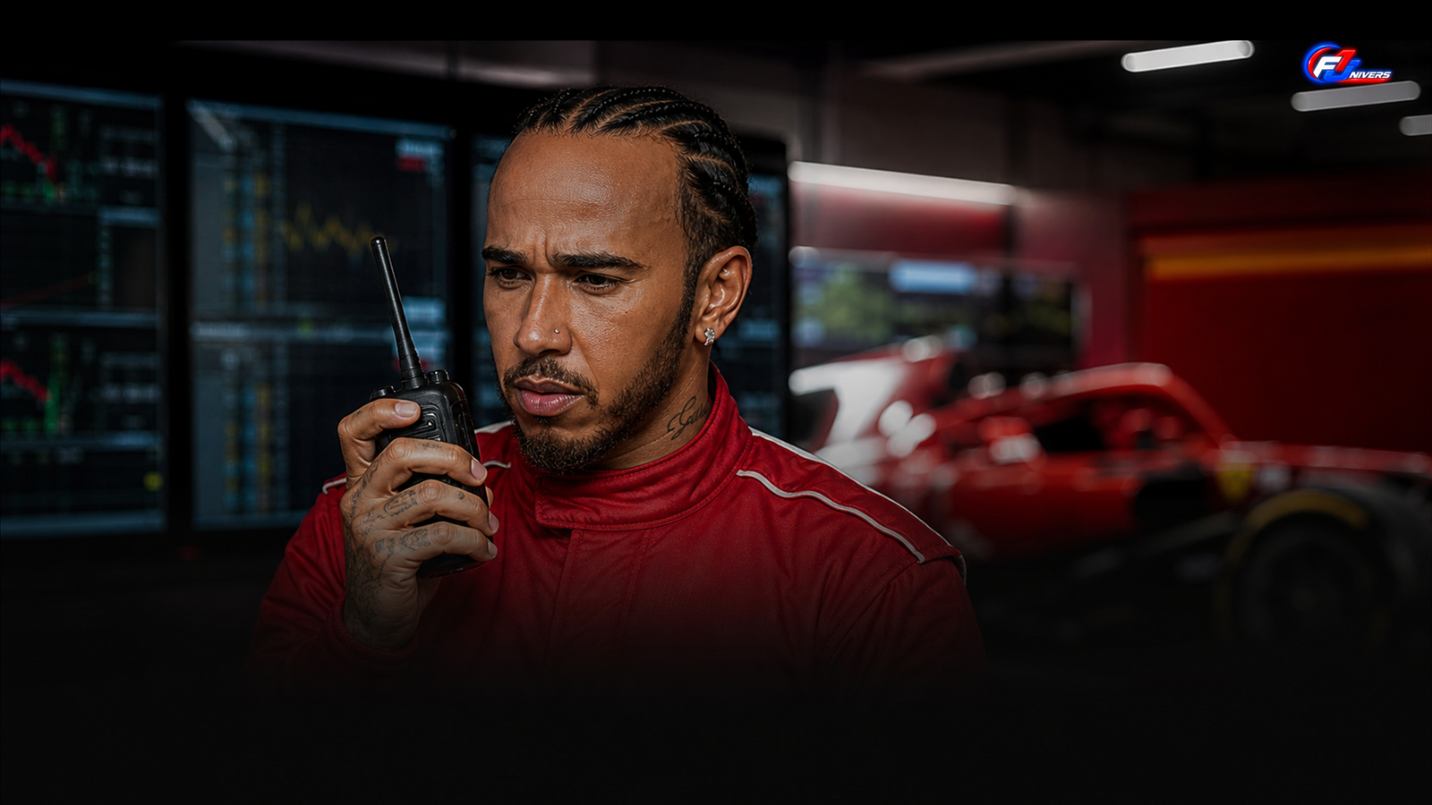 Visuel éditorial généré par IA de Lewis Hamilton dans un garage Ferrari à Zandvoort, tenant une radio