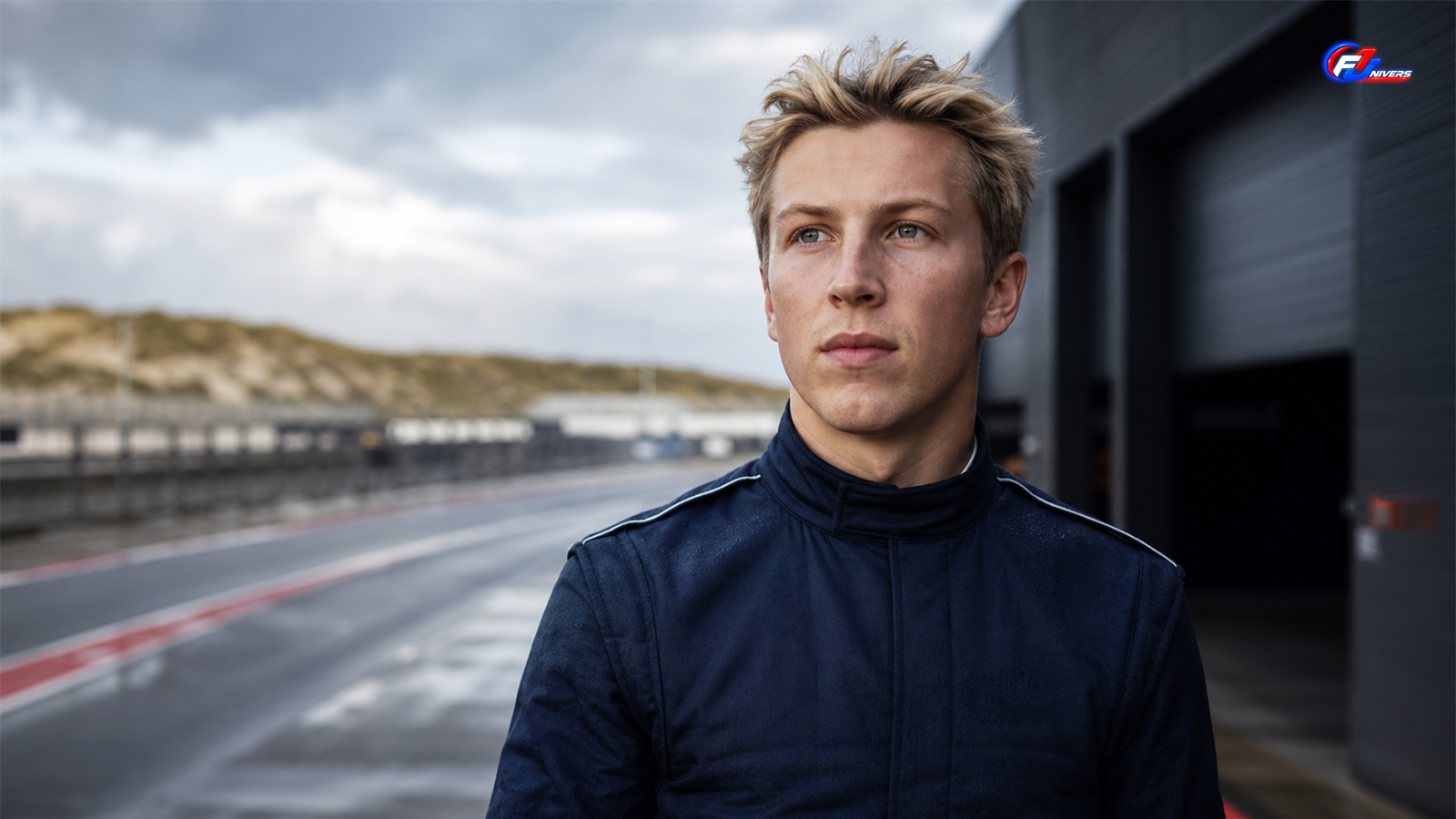 Liam Lawson chez Red Bull dans une pit-lane fictive à Zandvoort — visuel éditorial généré par IA pour F1 Univers.