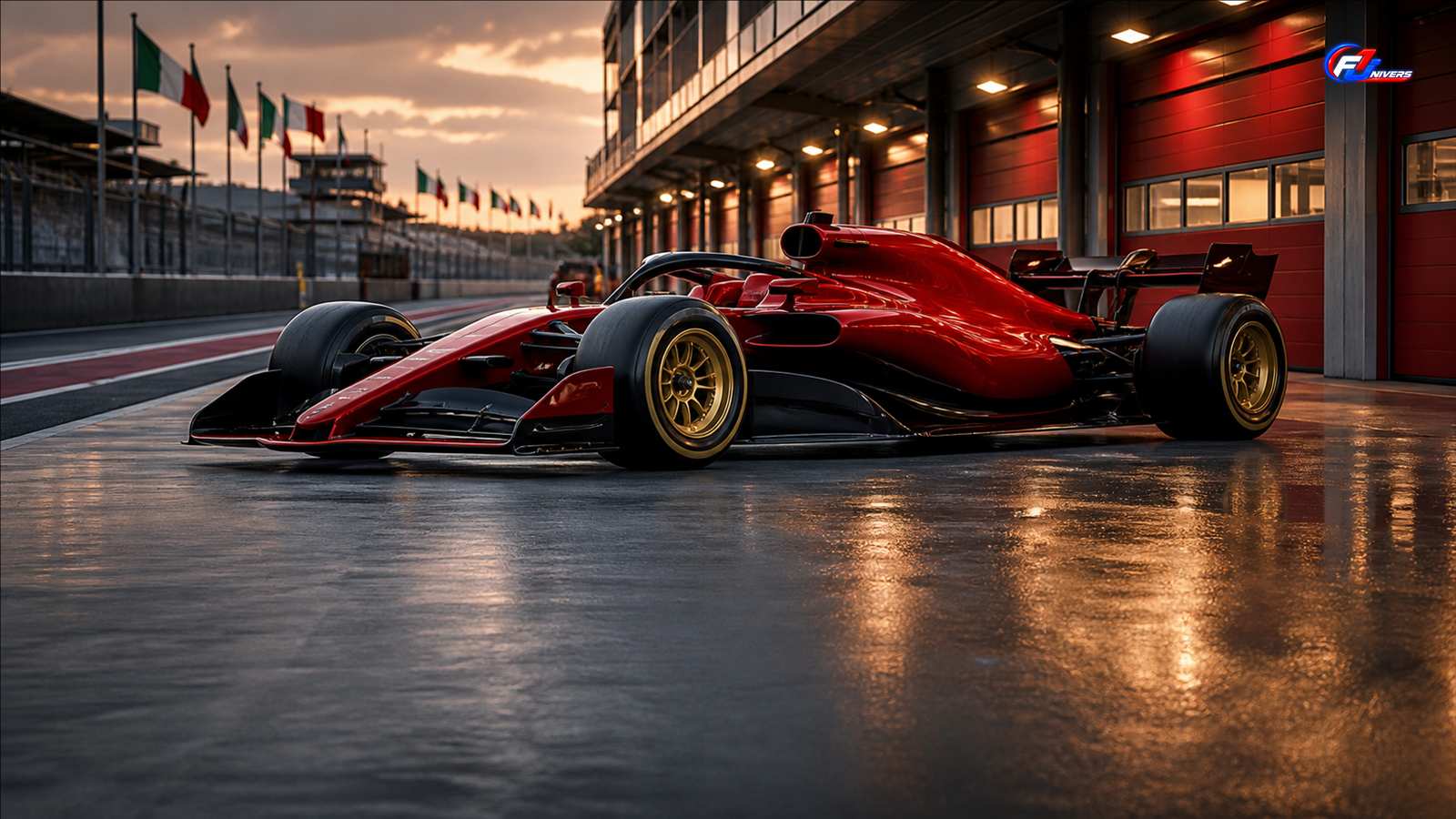 Concept d’une monoplace rouge, noire et dorée à Monza, projection éditoriale autour d’une livrée Ferrari hommage à Schumacher — visuel éditorial généré par IA pour F1 Univers, non officiel.