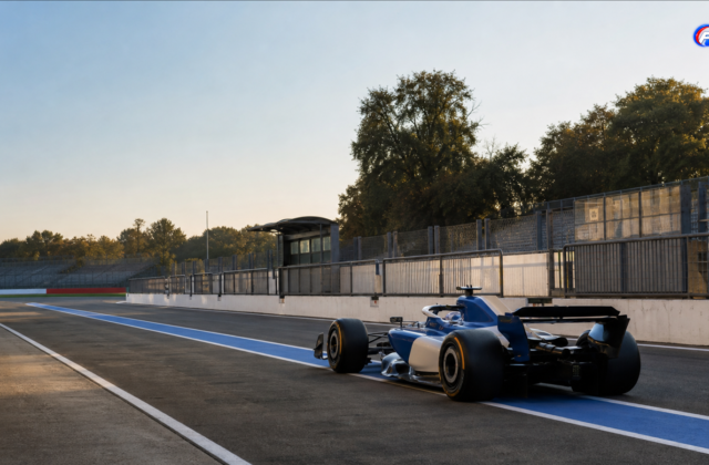 Luke Browning en EL1 à Monza : monoplace fictive bleu et blanc quittant une voie des stands italienne — visuel éditorial généré par IA pour F1 Univers.