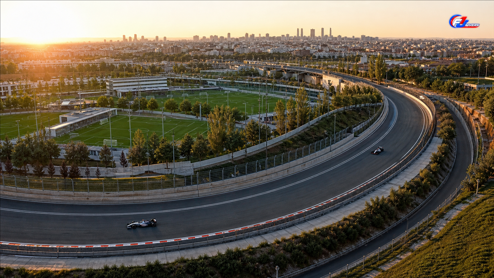 Circuit fictif près de terrains de football à Madrid, illustration de la proximité entre le Madring et Valdebebas — visuel éditorial généré par IA pour F1 Univers.